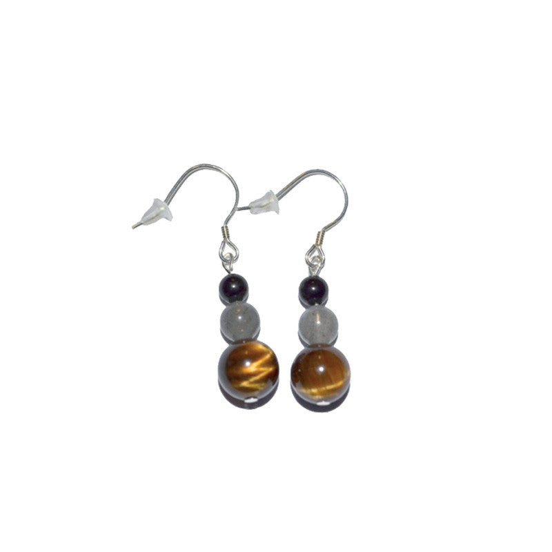 Boucles d'oreille 3 perles Labradorite ,Tourmaline , Oeil de Tigre Argent 0.925