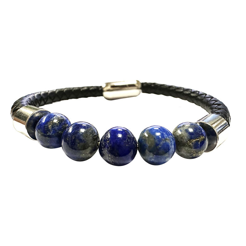 Bracelet cuir et 5 pierres de Lapis Lazuli 8 mm