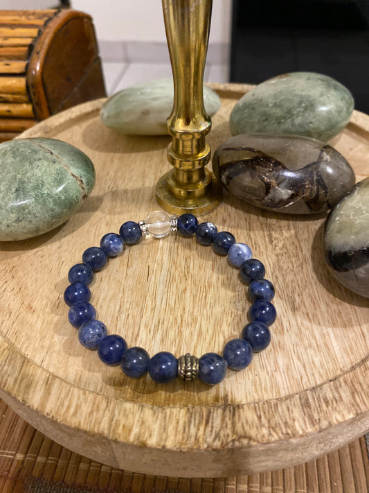 Bracelet en Sodalite et perle en Cristal de Roche 8 mm