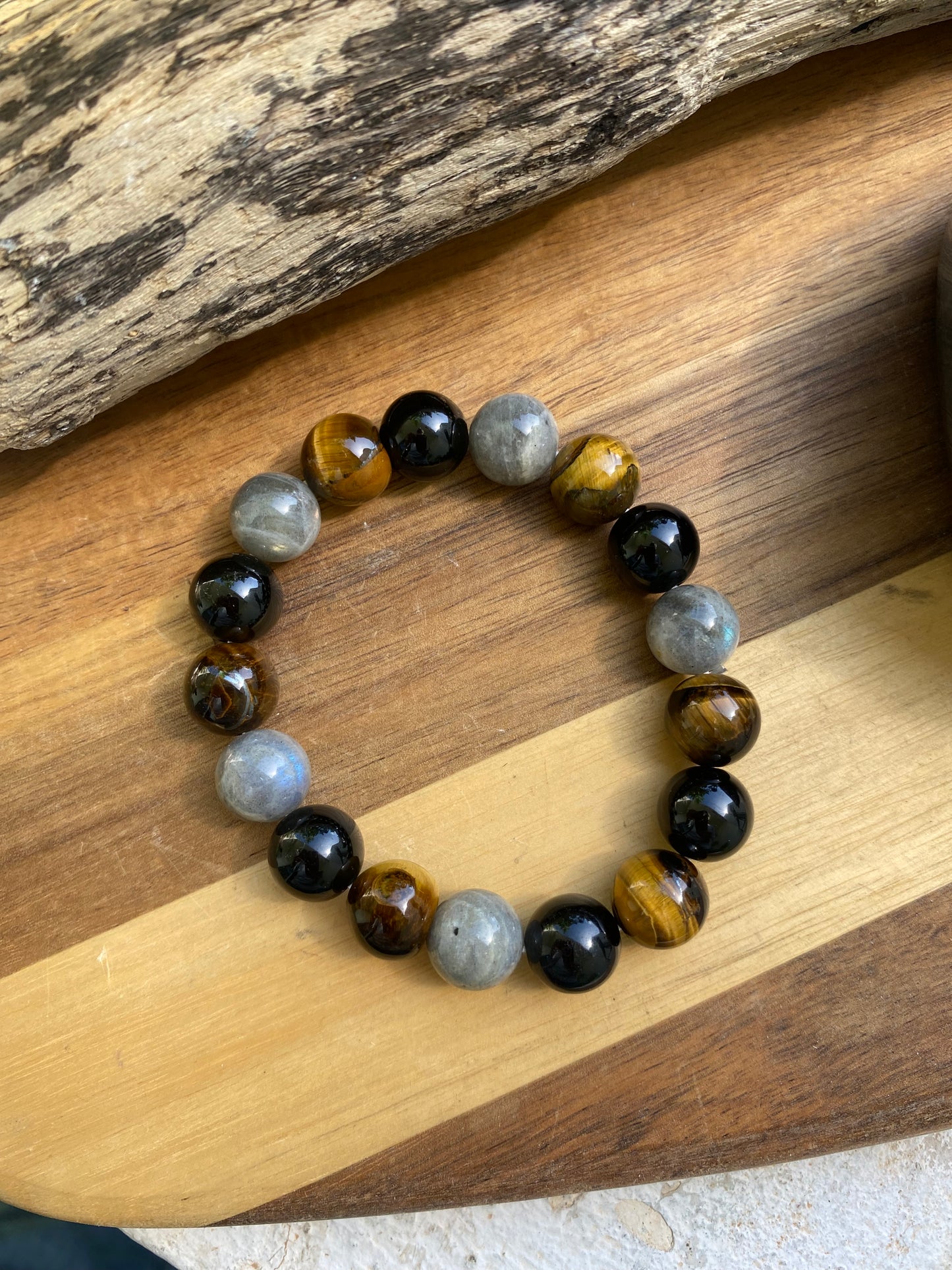 Bracelet Homme Labradorite + Tourmaline + Oeil de Tigre 12 mm  20 cm