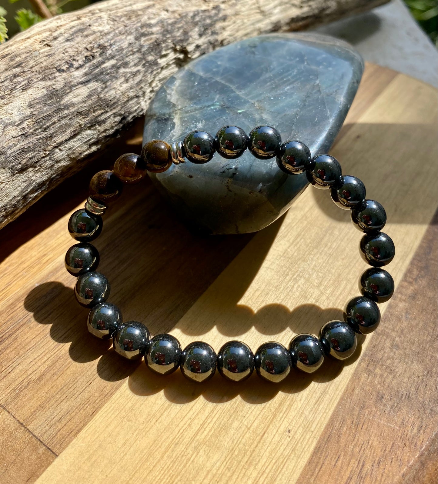 Bracelet Hématite + Oeil de Tigre 8 mm 22 cm Grande Taille