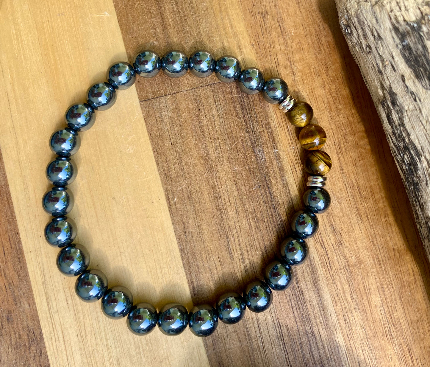 Bracelet Hématite + Oeil de Tigre 8 mm 22 cm Grande Taille