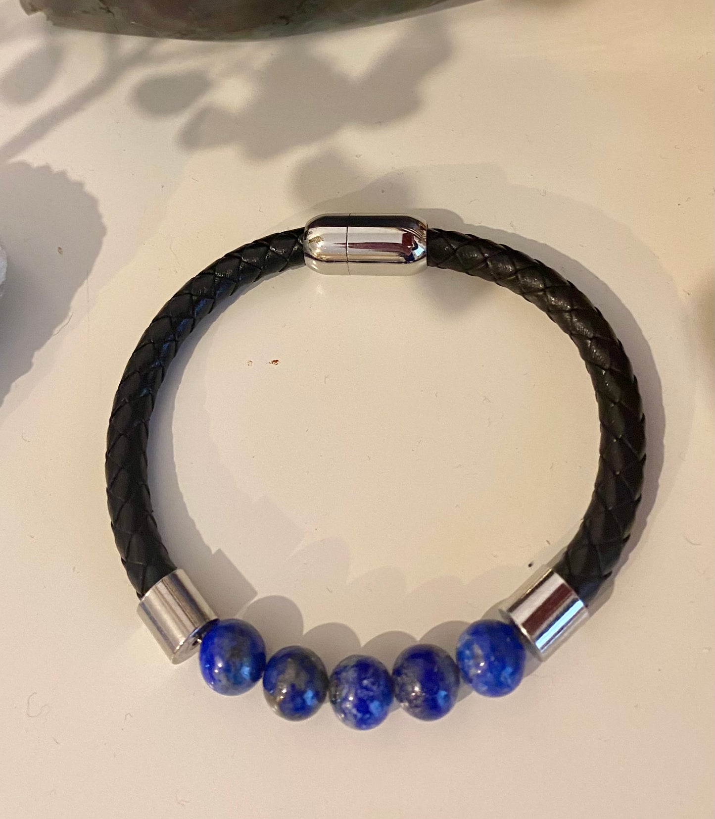 Bracelet cuir et 5 pierres de Lapis Lazuli 8 mm