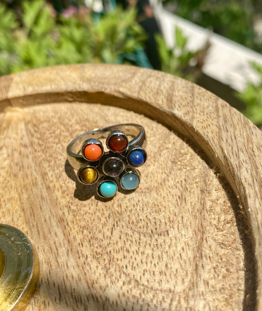 Bague ronde cabochon 7 Chakras Réglable