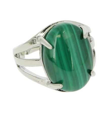 Bague réglable forme cabochon en Malachite    18 x 13 mm sur métal argenté