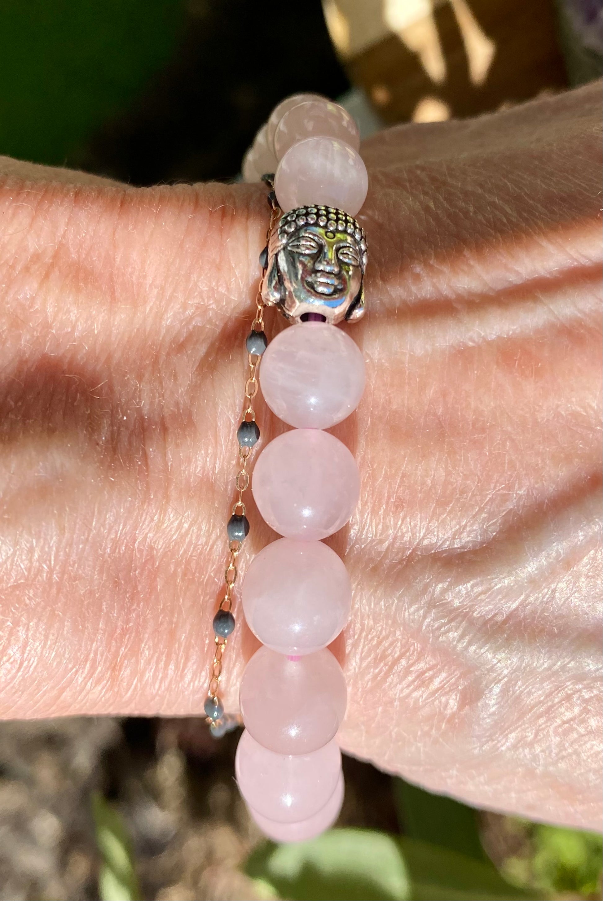 Bracelet en QUARTZ ROSE 8 mm avec BOUDDHA